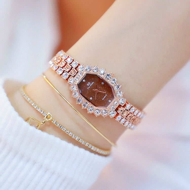 Đồng hồ quartz nữ BS beesister FA1581 mặt bát giác đính kim cương giả và vòng tay đá rhinestone