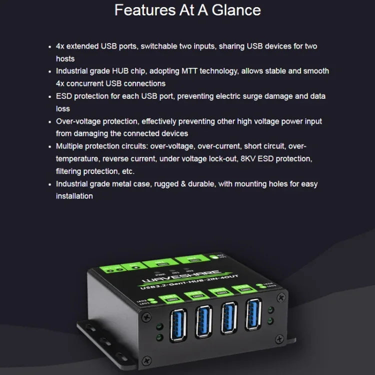 Waveshare 23929 USB HUB, mở rộng 4 cổng USB 3.2, chuyển đổi hai máy chủ, bảo vệ đa năng, 23929