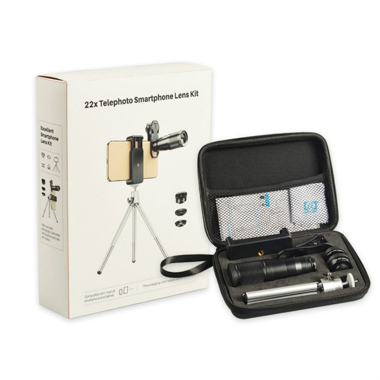 Bộ ống kính điện thoại ngoài 4 trong 1 kim loại APEXEL APL-22X105 22X Telephoto + Fisheye + Góc rộng + Macro Starlight phân cực đa năng