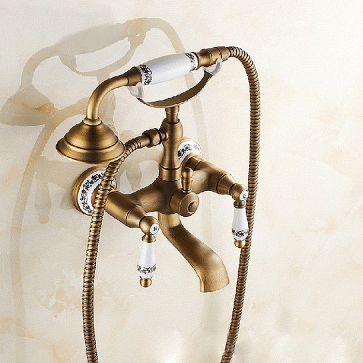 Vòi tắm bồn tắm gắn tường bằng đồng cổ điển với tay cầm gốm đôi kiểu điện thoại, vòi sen điện thoại xanh trắng, vòi sen điện thoại + chỗ ngồi cố định, vòi sen điện thoại + chỗ ngồi cố định xanh trắng
