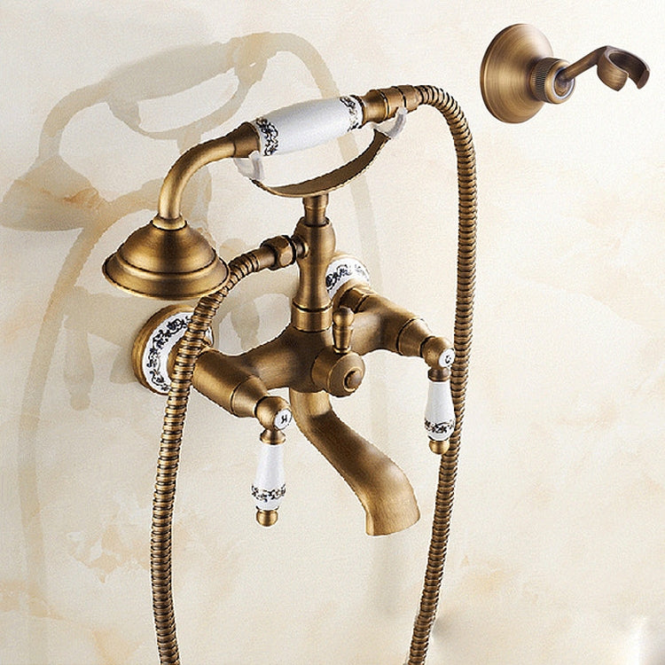Vòi tắm bồn tắm gắn tường bằng đồng cổ điển với tay cầm gốm đôi kiểu điện thoại, vòi sen điện thoại xanh trắng, vòi sen điện thoại + chỗ ngồi cố định, vòi sen điện thoại + chỗ ngồi cố định xanh trắng