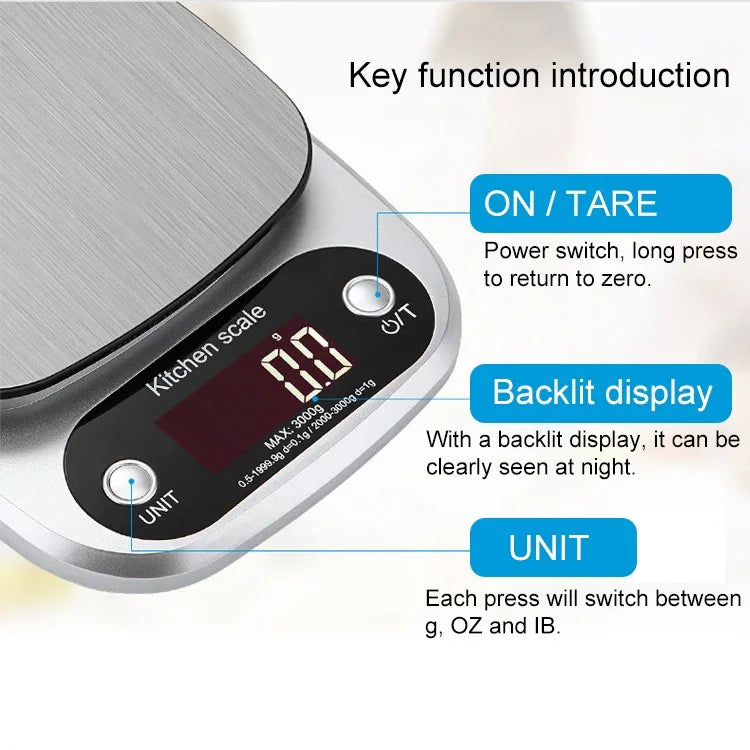 Cân điện tử LCD bằng thép không gỉ cho nhà bếp, 10kg / 1g
