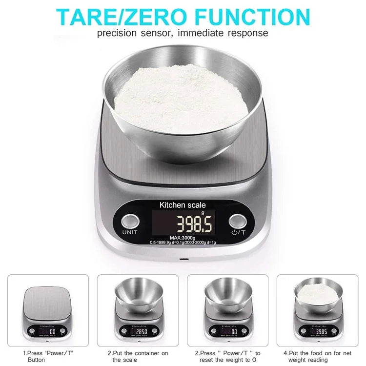 Cân điện tử LCD inox nhà bếp BOH-C305, thông số kỹ thuật: 3kg/0.1g, 3kg/0.1g