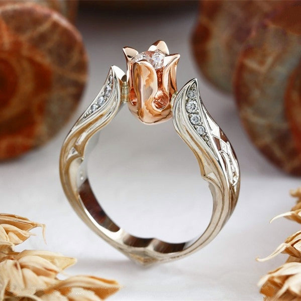 Rose Flower with Diamond Wedding Ring for Women, 5, 8, 10