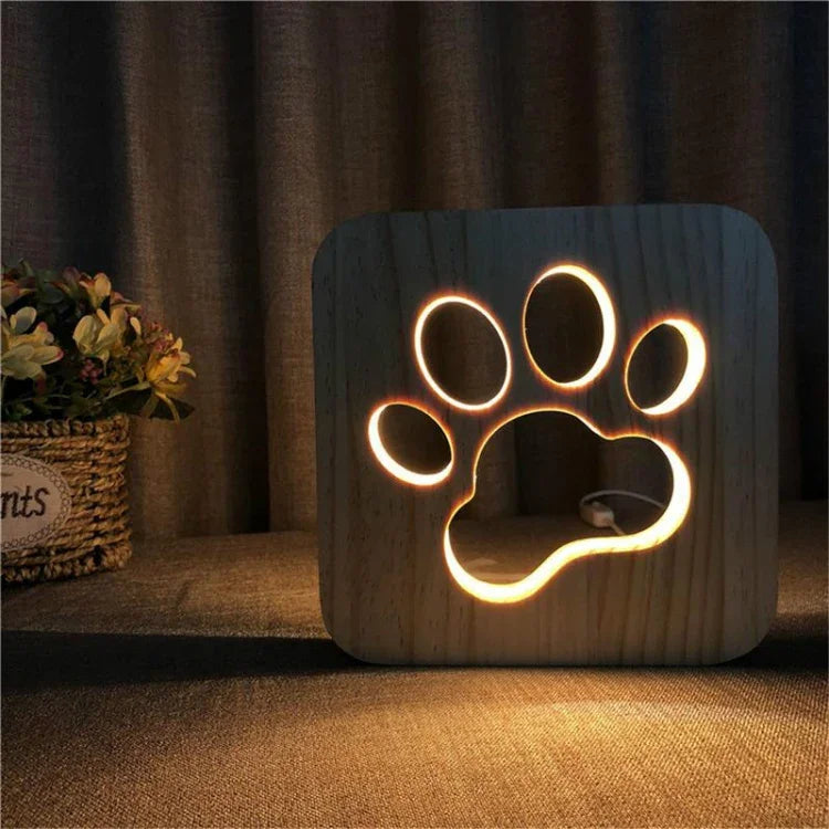 Đèn ngủ gỗ hình sáng tạo trang trí phòng ngủ ánh sáng ấm LED, Xương, Móng vuốt mèo, Chó, Sói