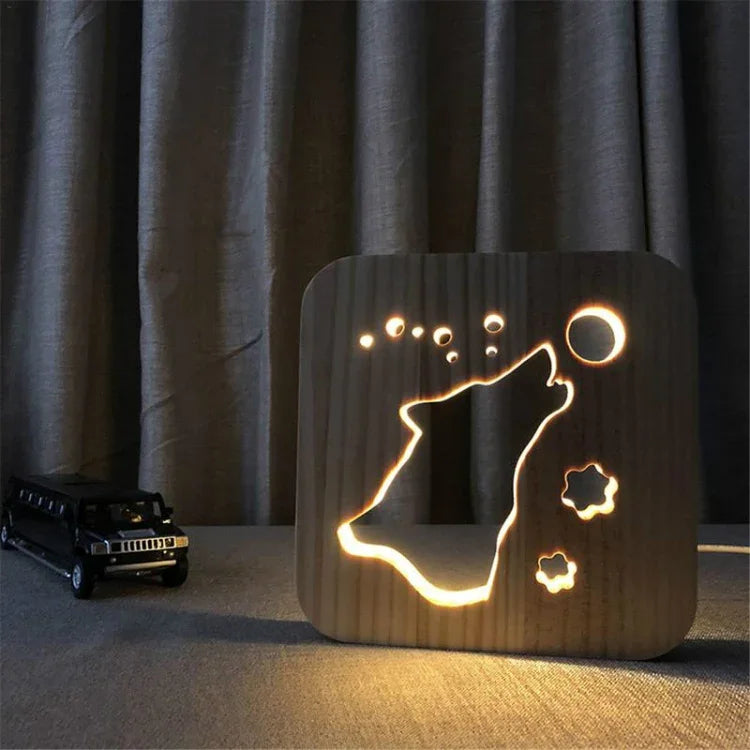 Đèn ngủ gỗ hình sáng tạo trang trí phòng ngủ ánh sáng ấm LED, Xương, Móng vuốt mèo, Chó, Sói