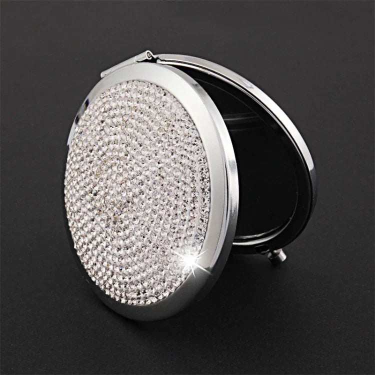 Gương trang điểm mini gập đôi hai mặt bằng kim loại đính kim cương, gương tròn nhỏ di động, màu trắng, đỏ, hồng, xanh da trời, xanh lá, màu trắng, đen sáng