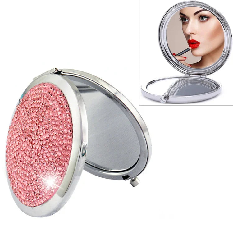 Gương trang điểm mini gập đôi hai mặt bằng kim loại đính kim cương, gương tròn nhỏ di động, màu trắng, đỏ, hồng, xanh da trời, xanh lá, màu trắng, đen sáng