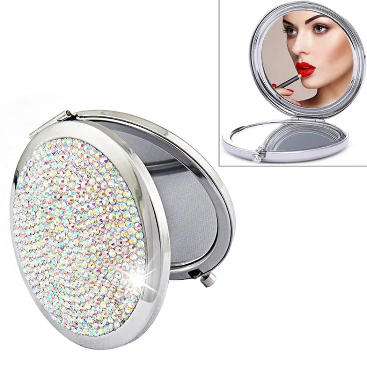 Gương trang điểm mini gập đôi hai mặt bằng kim loại đính kim cương, gương tròn nhỏ di động, màu trắng, đỏ, hồng, xanh da trời, xanh lá, màu trắng, đen sáng