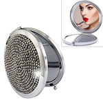 Gương trang điểm mini gập đôi hai mặt bằng kim loại đính kim cương, gương tròn nhỏ di động, màu trắng, đỏ, hồng, xanh da trời, xanh lá, màu trắng, đen sáng