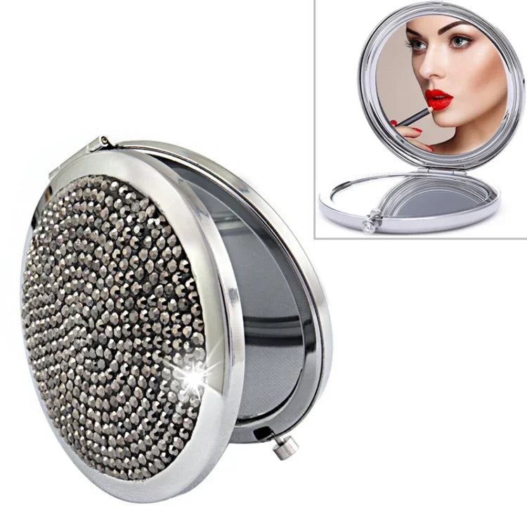 Gương trang điểm mini gập đôi hai mặt bằng kim loại đính kim cương, gương tròn nhỏ di động, màu trắng, đỏ, hồng, xanh da trời, xanh lá, màu trắng, đen sáng