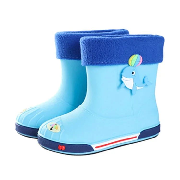 Ủng mưa hoạt hình trẻ em chống trượt có lót nhung ấm, chiều dài trong 15cm có lót bông, chiều dài trong 16cm có lót bông, chiều dài trong 17cm có lót bông, chiều dài trong 18cm có lót bông, chiều dài trong 19cm có lót bông