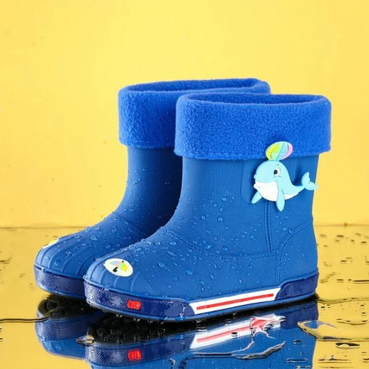 Ủng mưa hoạt hình trẻ em chống trượt có lót nhung ấm, chiều dài trong 15cm có lót bông, chiều dài trong 16cm có lót bông, chiều dài trong 17cm có lót bông, chiều dài trong 18cm có lót bông, chiều dài trong 19cm có lót bông