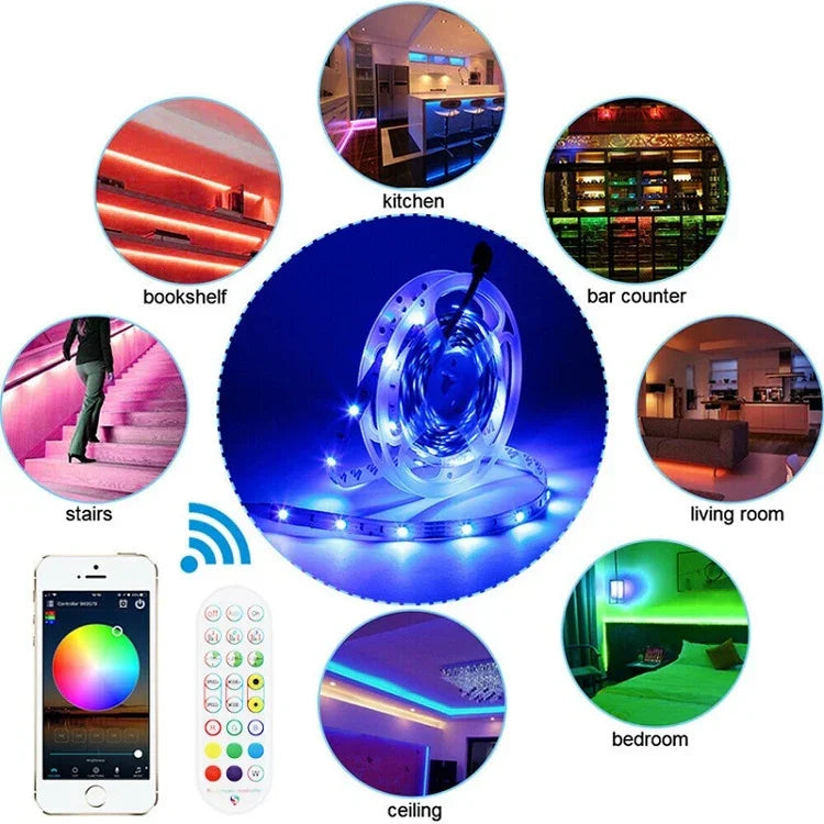 Đèn LED dây điều khiển âm thanh thông minh Bluetooth không chống nước 5050 RGB nhiều màu với điều khiển từ xa 24 phím, 5M 150 đèn LED, 5M 300 đèn LED, 10M 300 đèn LED, 10M 600 đèn LED, 15M 450 đèn LED, 15M 270 đèn LED, 20M 360 đèn LED, 30M 540 đèn LED