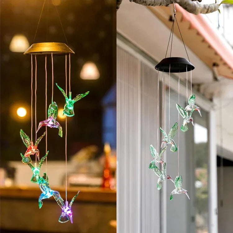 Đèn chuông gió colibri LED năng lượng mặt trời điện tử sáng tạo bảy màu, chim ruồi