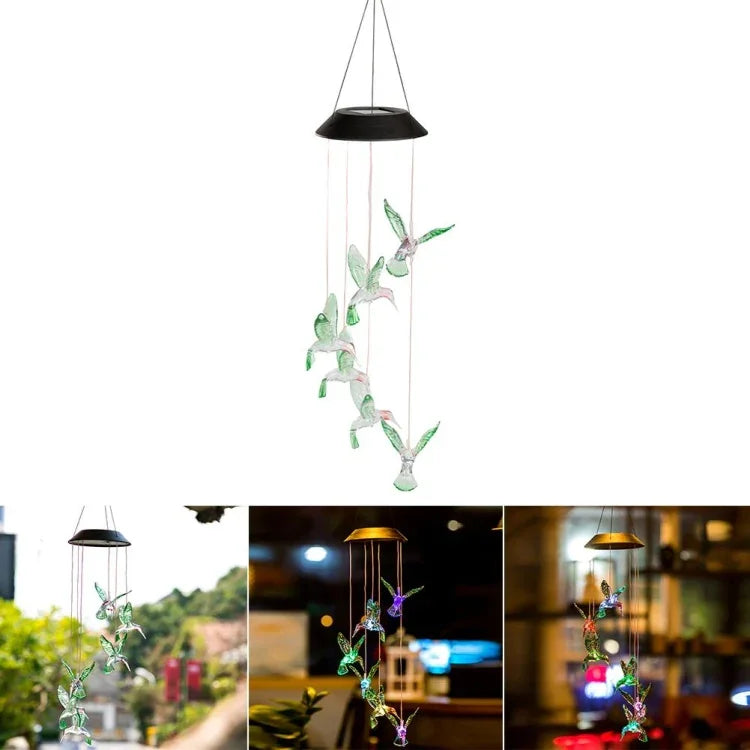Đèn chuông gió colibri LED năng lượng mặt trời điện tử sáng tạo bảy màu, chim ruồi