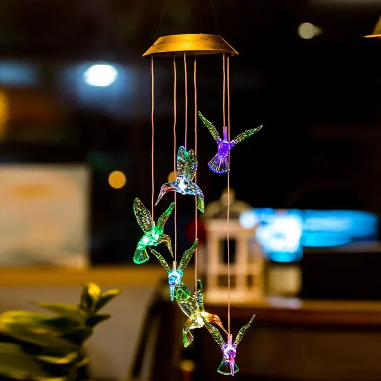 Đèn chuông gió colibri LED năng lượng mặt trời điện tử sáng tạo bảy màu, chim ruồi