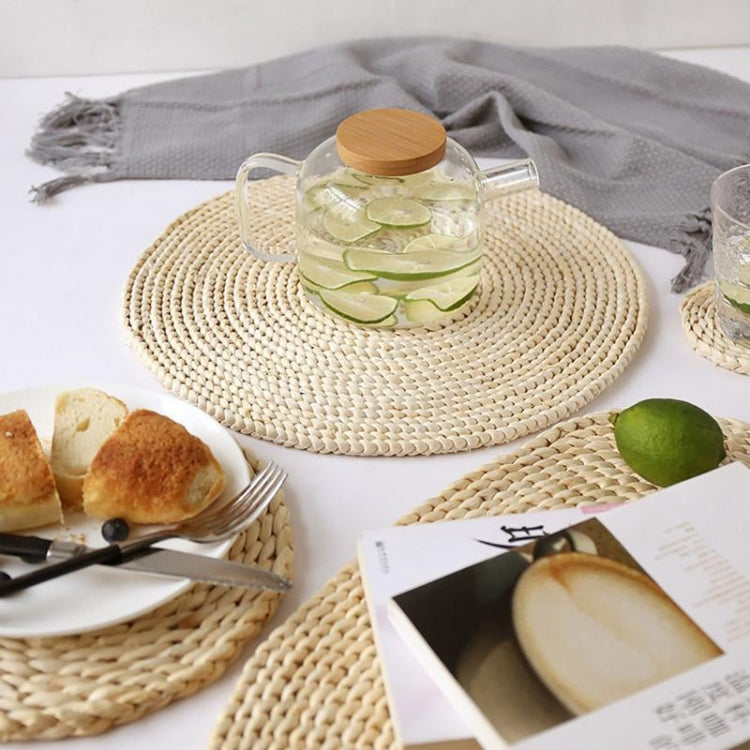 Bộ 2 thảm trà cách nhiệt dày dặn chống trượt làm từ ngô tự nhiên đan, Thảm lót tròn 10cm, Thảm lót tròn 22cm, Thảm lót tròn 35cm