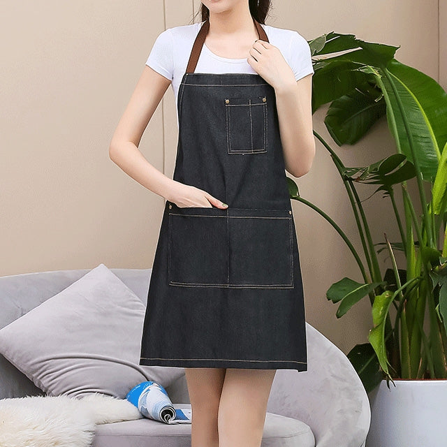 Tạp dề denim không tay, kiểu yếm, màu denim xanh, quần yếm bếp, kích thước 71x65cm