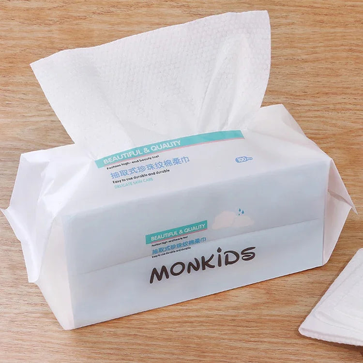 Khăn mặt dùng một lần MONKIDS KS037 khăn làm sạch ngọc trai bông nguyên chất dày, 100 tờ kết cấu ngọc trai