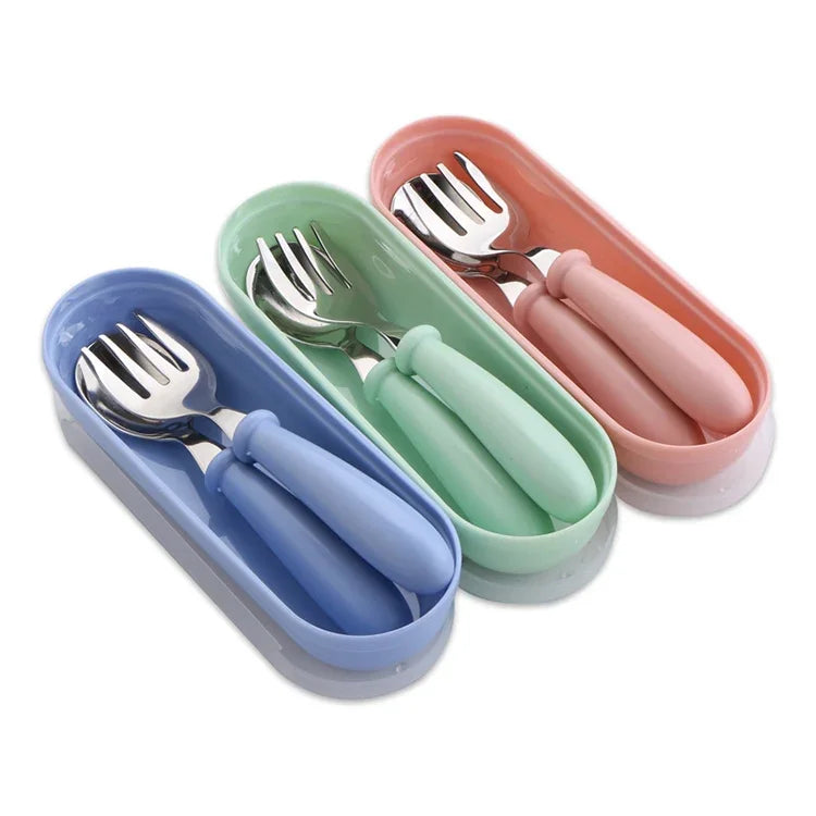 Bộ 3 món thìa và dĩa bằng thép không gỉ 304, hộp đựng, bộ đồ ăn dễ thương cho bé mẫu giáo