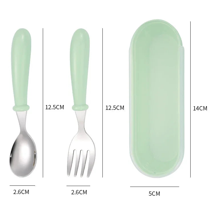 Bộ 3 món thìa và dĩa bằng thép không gỉ 304, hộp đựng, bộ đồ ăn dễ thương cho bé mẫu giáo