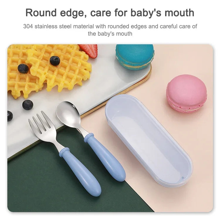 Bộ 3 món thìa và dĩa bằng thép không gỉ 304, hộp đựng, bộ đồ ăn dễ thương cho bé mẫu giáo