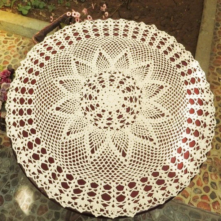 Khăn trải bàn tròn móc tay thủ công tinh xảo hoa vườn Mori ren cotton dệt lỗ, đường kính 60cm