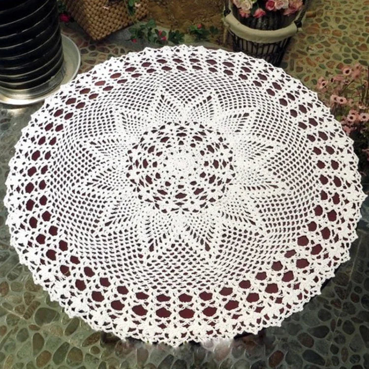 Khăn trải bàn tròn móc tay thủ công tinh xảo hoa vườn Mori ren cotton dệt lỗ, đường kính 60cm