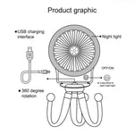 Quạt đèn ngủ bạch tuộc mini cho trẻ em, dễ thương, xe đẩy em bé, quạt sạc USB di động, giao màu ngẫu nhiên