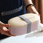 Hộp cơm trưa hình bầu dục đơn giản, hộp sushi bằng gỗ kín chống rò rỉ kèm dao kéo, một lớp
