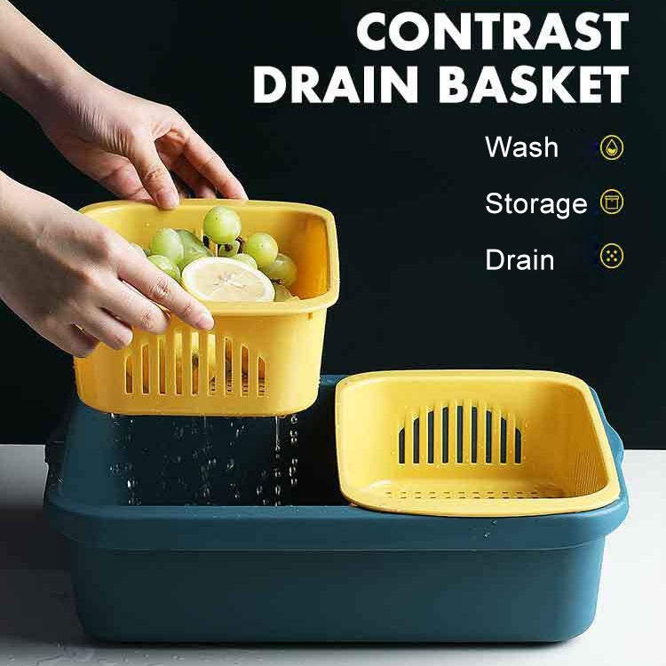 Giỏ thoát nước vuông phân loại hai lớp bằng nhựa cho nhà bếp, giỏ đựng rau củ gia dụng, màu đỏ đậm, vàng xanh, xanh cỏ, xám nhạt