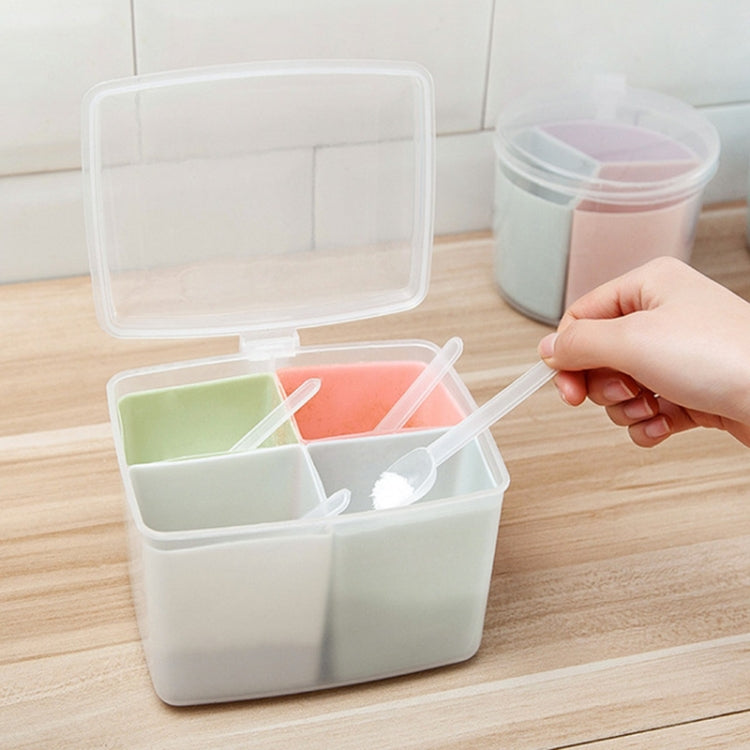 Hộp đựng gia vị ba ngăn kết hợp tách biệt dùng trong bếp gia đình, có muỗng, hình tròn