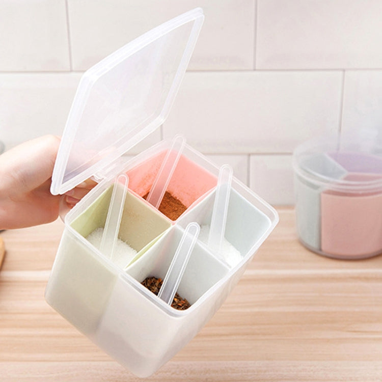 Hộp đựng gia vị ba ngăn kết hợp tách biệt dùng trong bếp gia đình, có muỗng, hình tròn