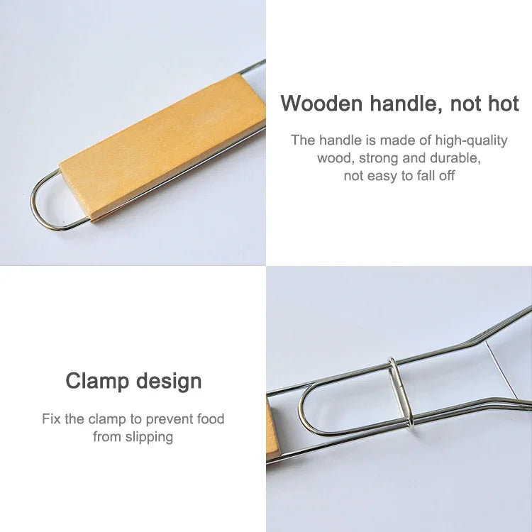 Kẹp lưới nướng cá đơn bằng gỗ mạ chrome, kẹp cá nướng ngoài trời, dụng cụ nướng BBQ