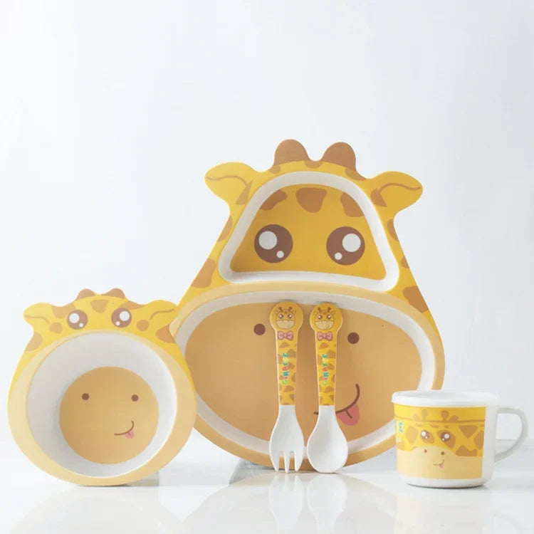 Bộ đồ ăn trẻ em bằng sợi tre, gia đình, dễ thương, hình hoạt hình, bộ đĩa bổ sung thức ăn cho bé, 040 Hươu cao cổ, 041 Bò, 042 Sư tử, 043 Khỉ, 044 Gấu trúc, 045 Ếch