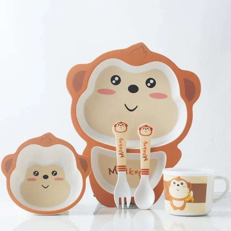 Bộ đồ ăn trẻ em bằng sợi tre, gia đình, dễ thương, hình hoạt hình, bộ đĩa bổ sung thức ăn cho bé, 040 Hươu cao cổ, 041 Bò, 042 Sư tử, 043 Khỉ, 044 Gấu trúc, 045 Ếch