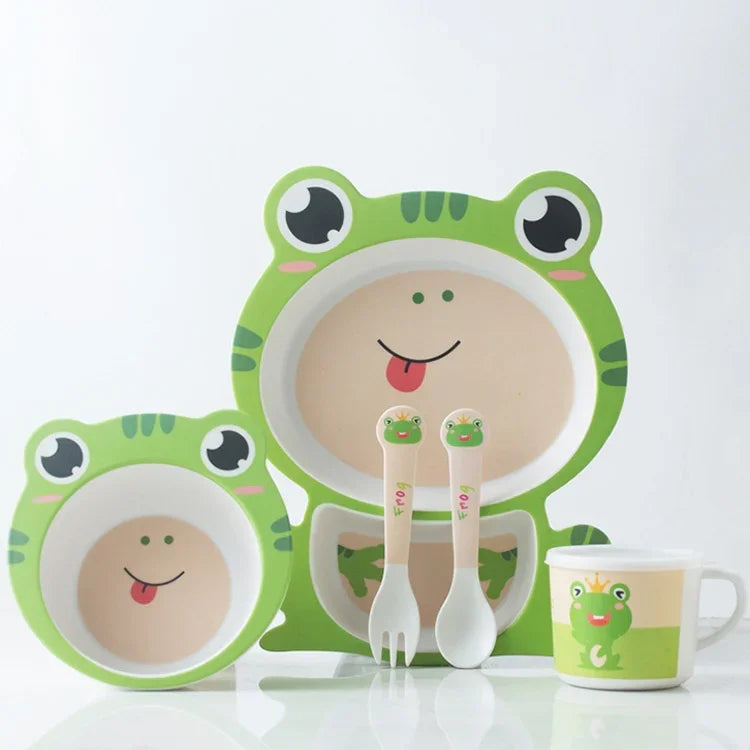 Bộ đồ ăn trẻ em bằng sợi tre, gia đình, dễ thương, hình hoạt hình, bộ đĩa bổ sung thức ăn cho bé, 040 Hươu cao cổ, 041 Bò, 042 Sư tử, 043 Khỉ, 044 Gấu trúc, 045 Ếch
