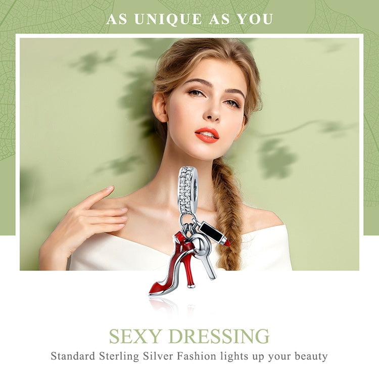Mặt dây chuyền charm bạc 925 hình thỏi son môi đỏ giày cao gót gương trang điểm