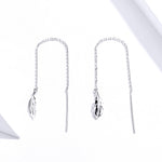 Bông tai dài hình lông vũ bằng bạc sterling mạ bạch kim đơn giản cho nữ, SCE786