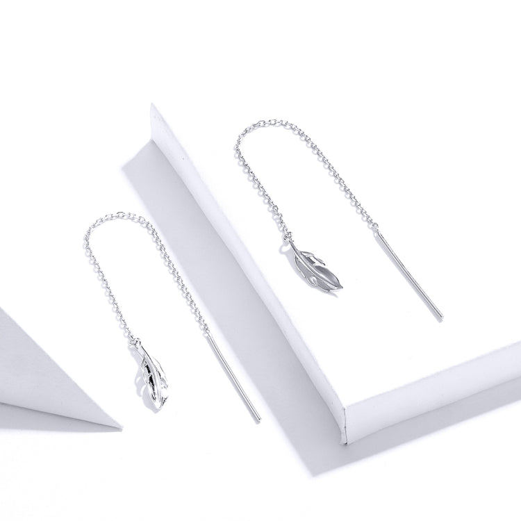 Bông tai dài hình lông vũ bằng bạc sterling mạ bạch kim đơn giản cho nữ, SCE786