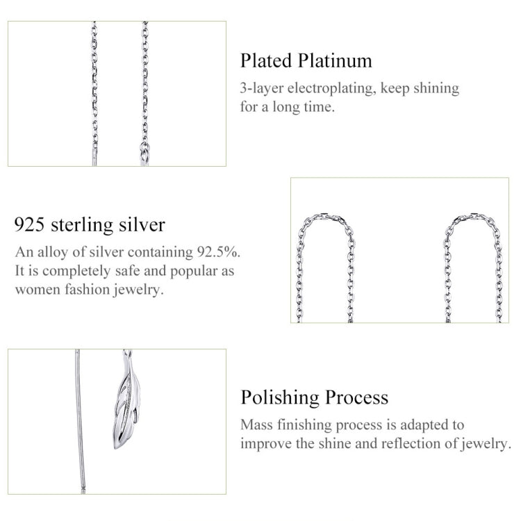 Bông tai dài hình lông vũ bằng bạc sterling mạ bạch kim đơn giản cho nữ, SCE786