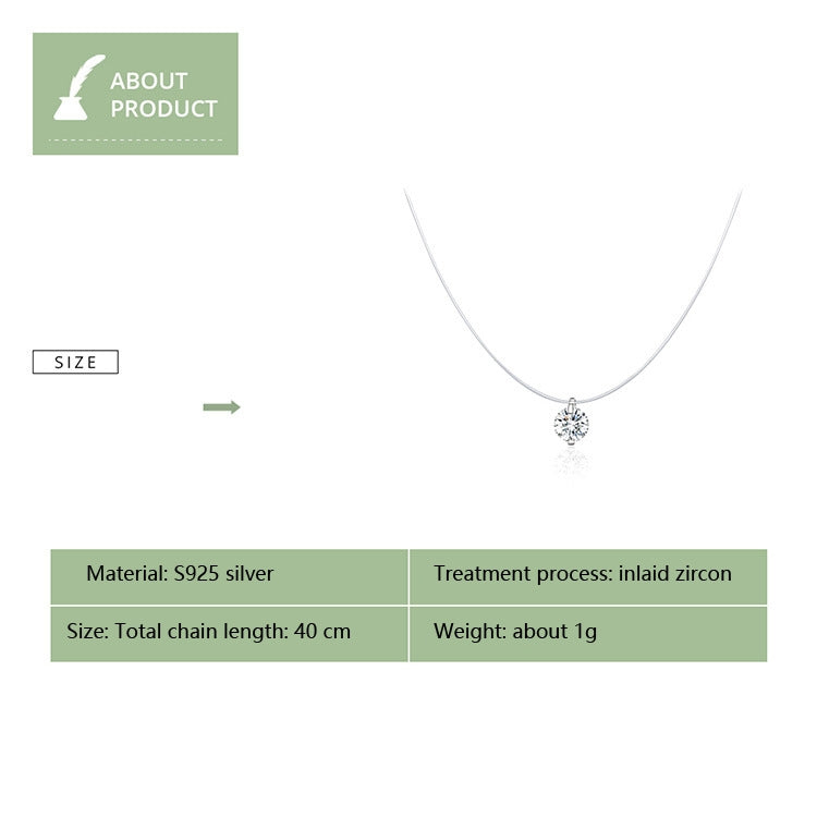 Dây chuyền dây cá vô hình, mặt dây chuyền đá Zircon bạc sterling S925, SCN332