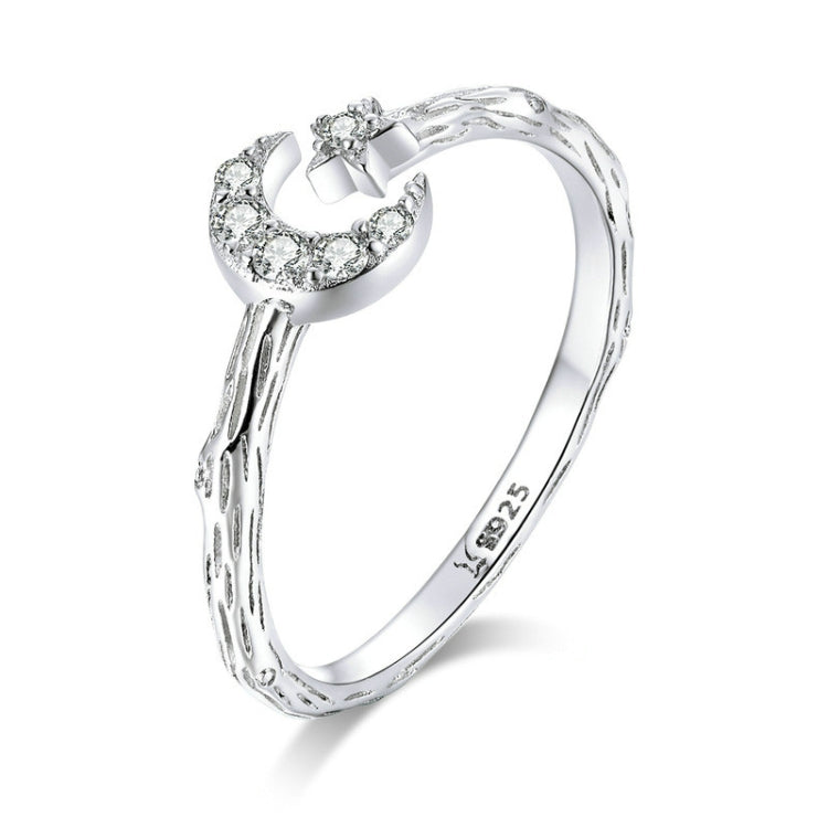 Nhẫn mở phong cách retro thời trang bạc sterling S925 hình sao và mặt trăng mạ bạch kim đính đá Zircon, SCR638