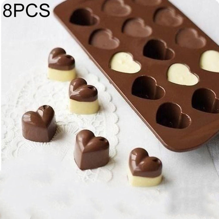 Bộ 8 Cái Khuôn Làm Bánh Sô Cô La Hình Trái Tim Silicone 15 Ô, Màu Nâu