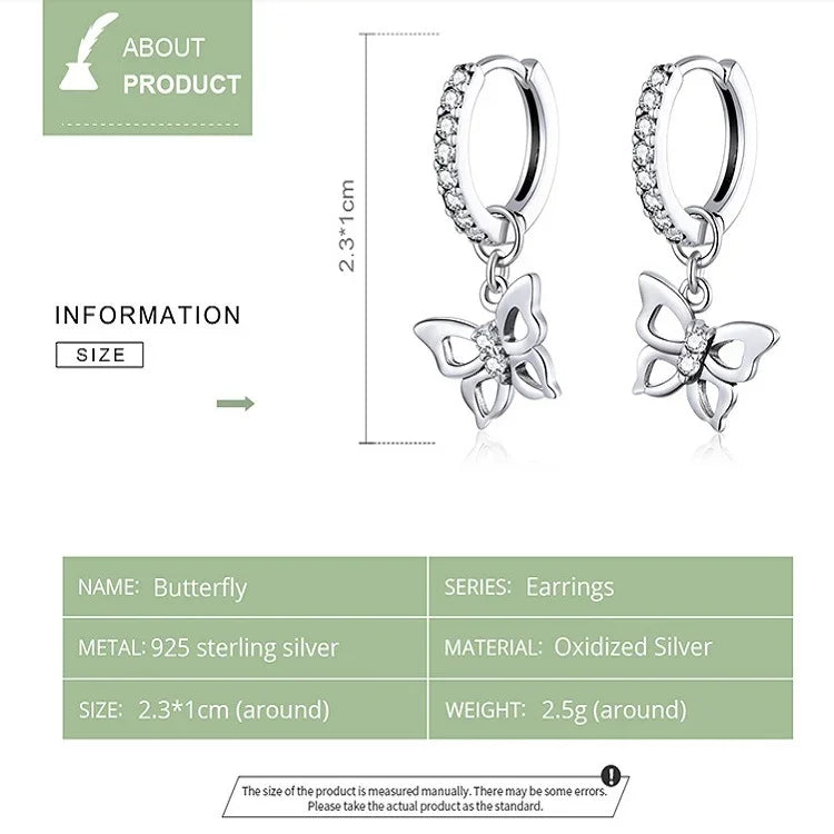 Bông tai bạc S925 hình bướm rỗng đính zircon, mã SCE833