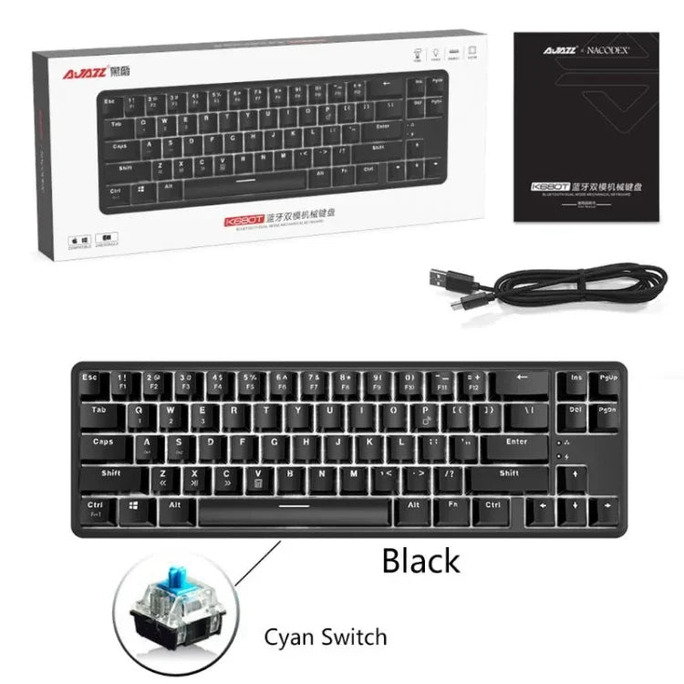 Bàn phím cơ mini Ajazz K680T 68 phím có dây USB, chế độ kép sạc, chiều dài cáp: 1,6m, phím xanh lá, đen, trà