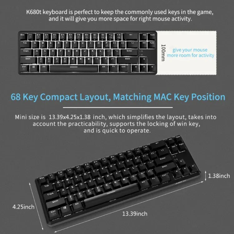 Bàn phím cơ mini Ajazz K680T 68 phím có dây USB, chế độ kép sạc, chiều dài cáp: 1,6m, phím xanh lá, đen, trà