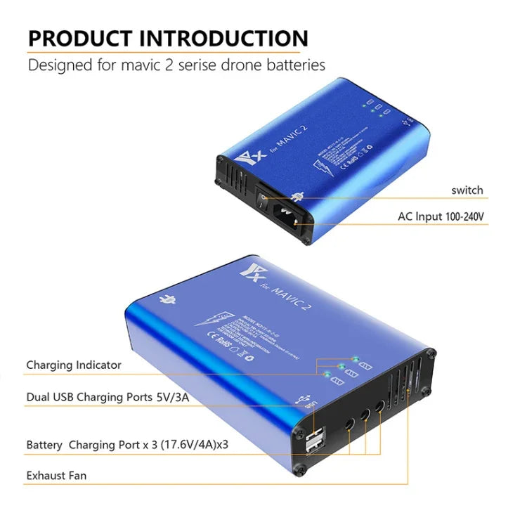 Sạc Hợp Kim Nhôm YX Cho DJI MAVIC 2 Có Công Tắc, Phích Cắm Mỹ