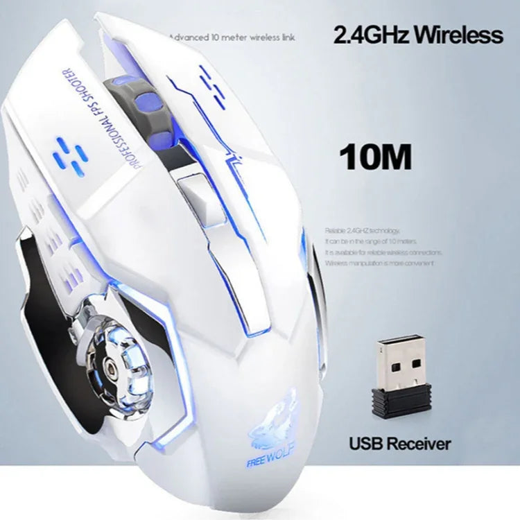 Chuột chơi game cơ không dây FREEDOM-WOLF X8 2400 DPI 6 phím sạc 2.4G im lặng phát sáng, X8 Đen, X8 Xám kim loại, X8 Đen sao